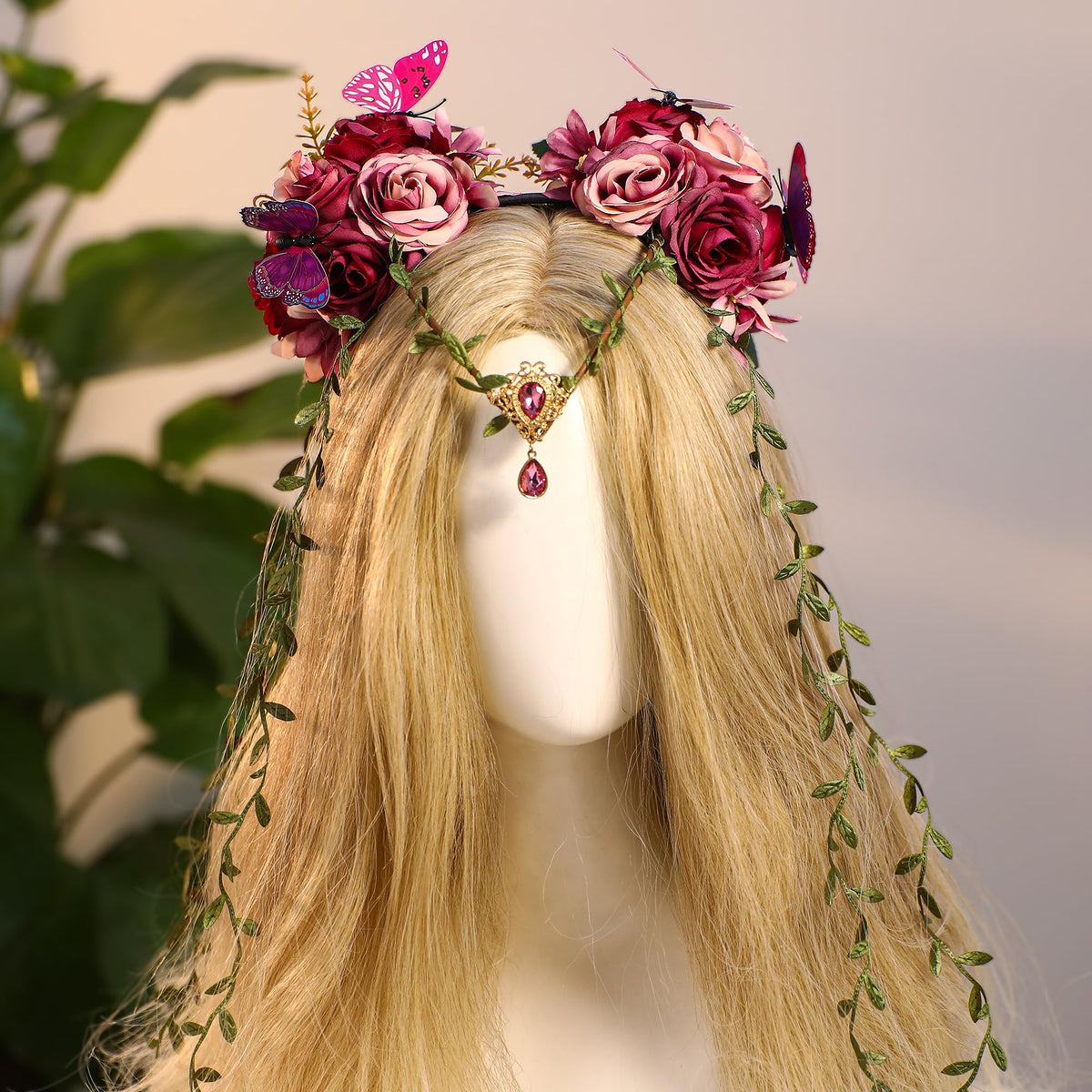 MOSTORY Purple Fairy Flower Crown side view showcasing greenery vines