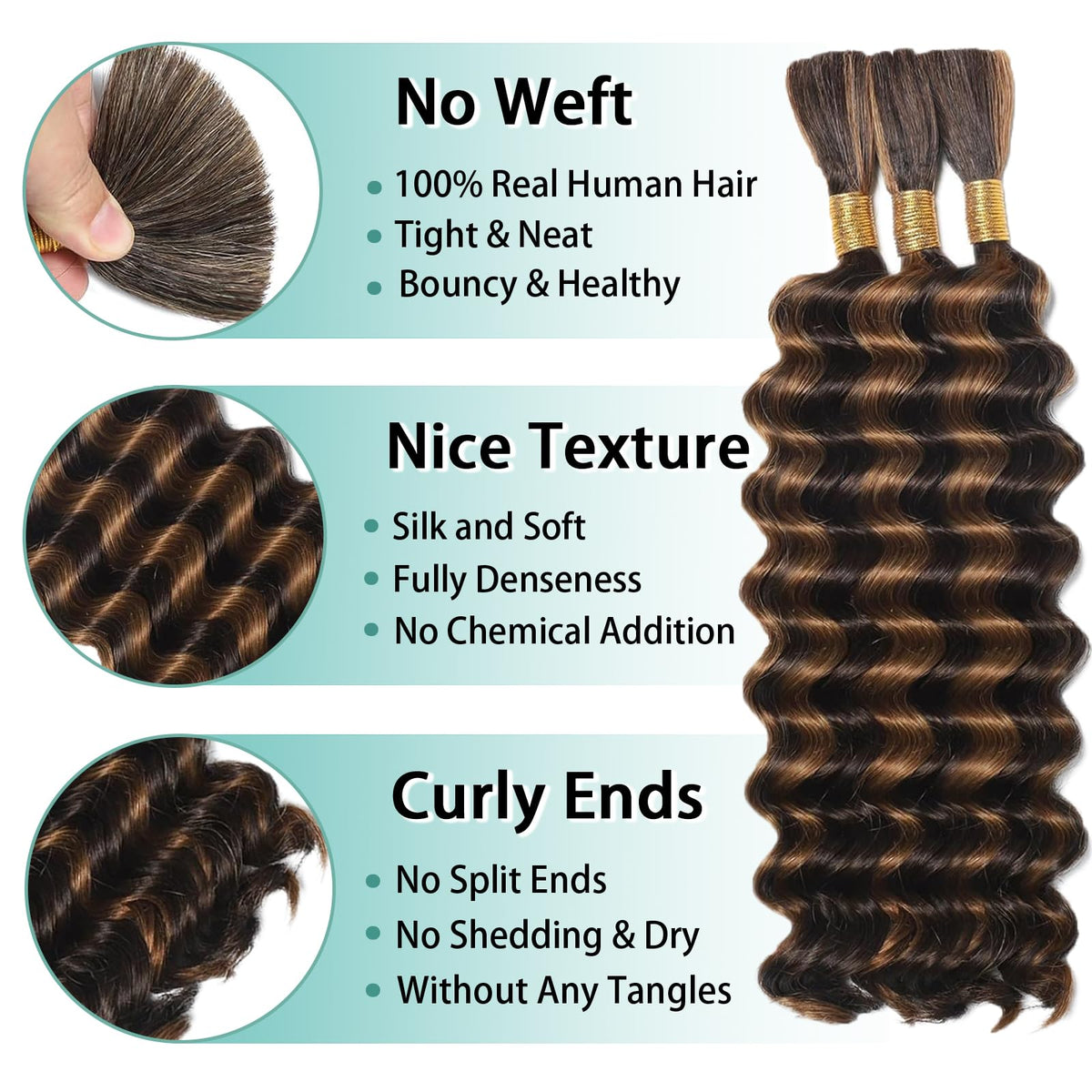 MOTFIN 24 Inch Curly Wave Human Braiding Hair bundle close-up