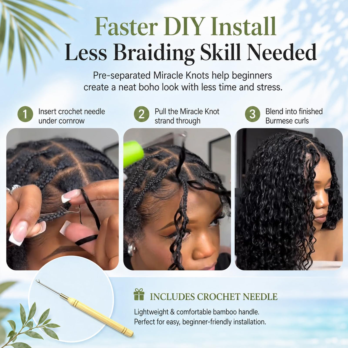 MOTFIN crochet hair displayed with crochet needle