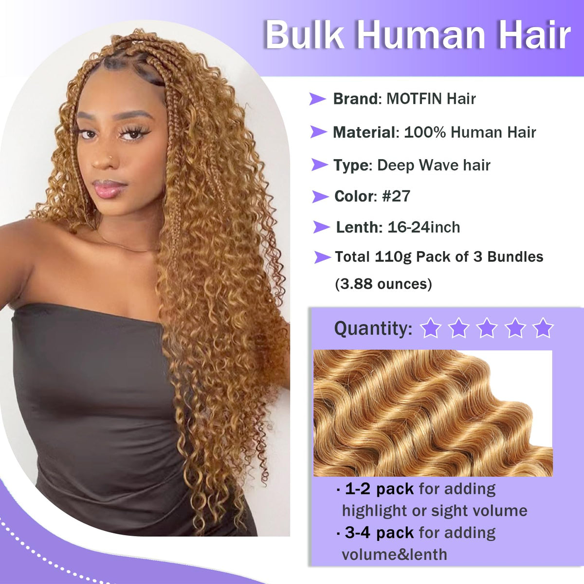 MOTFIN Curly Wave Braiding Hair displayed on a model