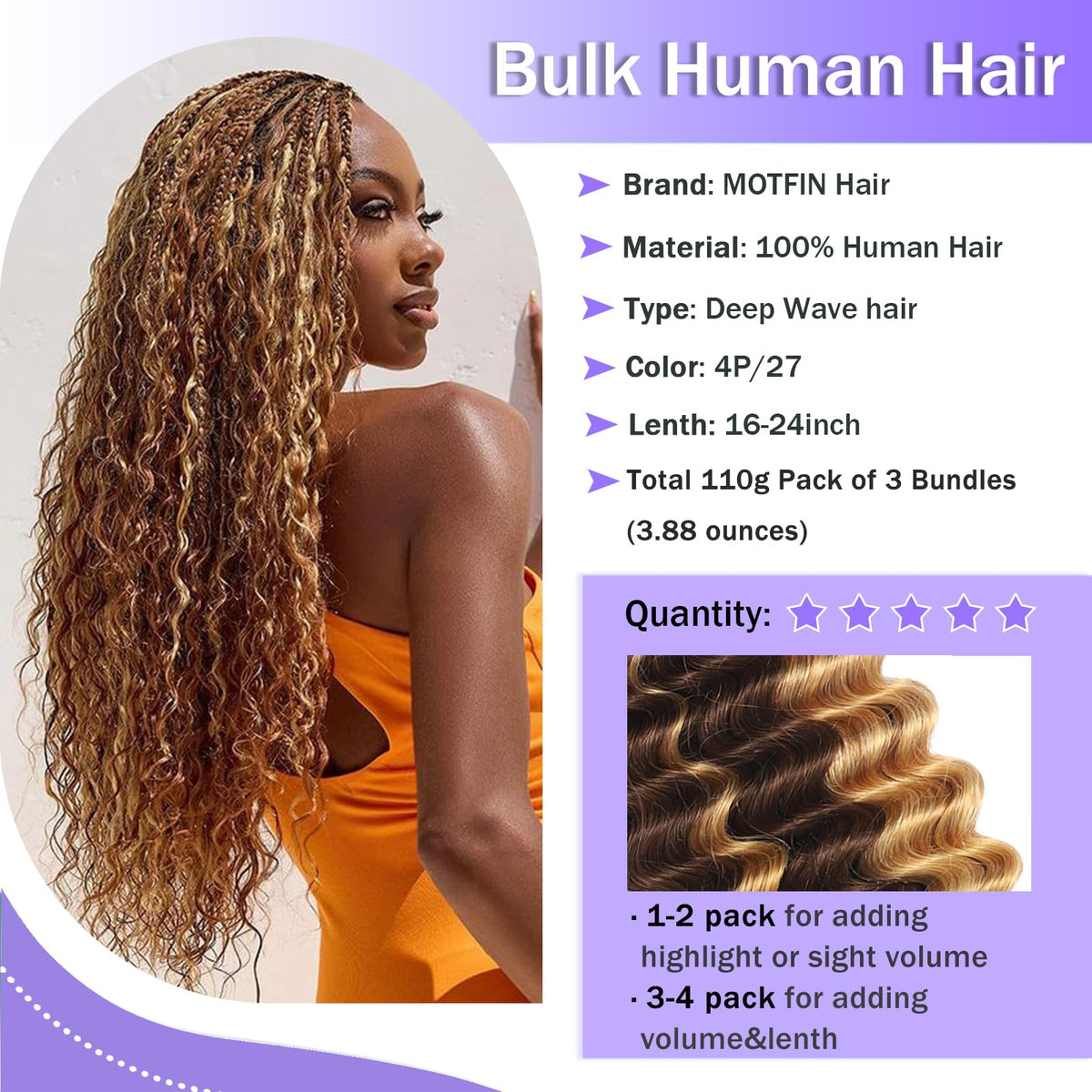 MOTFIN Human Boho Braiding Hair 22 Inch curly wave on model