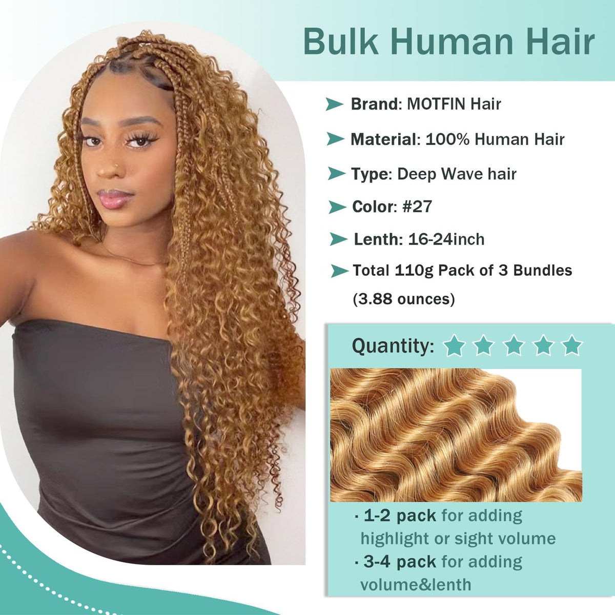 MOTFIN Human Braiding Hair 14 Inch Curly Wave bundles