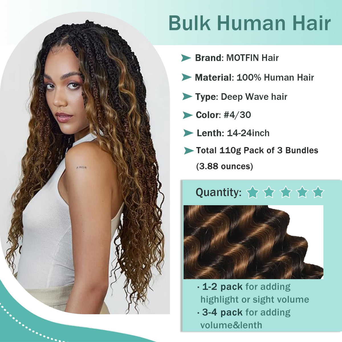 MOTFIN Human Braiding Hair 14 Inch Curly Wave on model