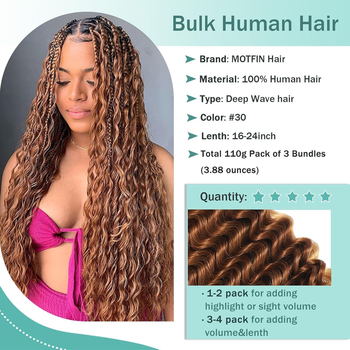 MOTFIN Human Braiding Hair 18 Inch Curly Wave bundle display
