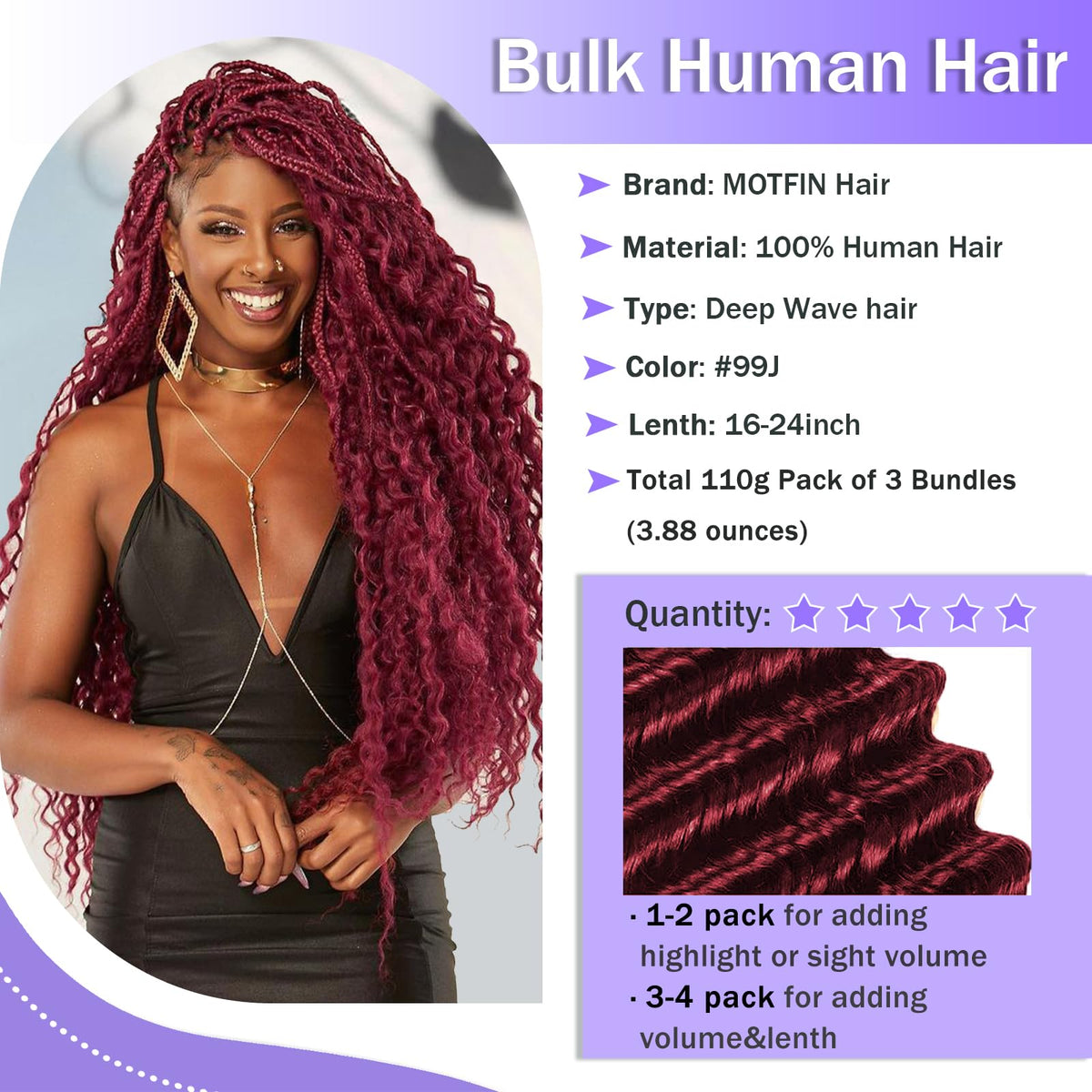 MOTFIN Human Braiding Hair 20 Inch Curly Wave Bundle wet and wavy texture