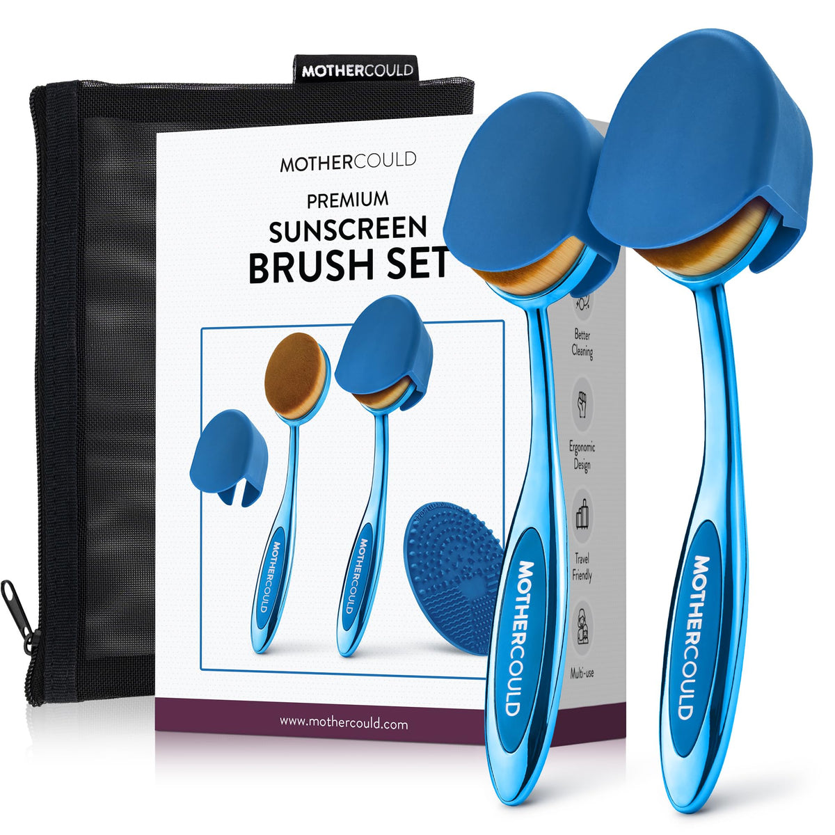 MotherCould Sunscreen Brush Set front view with blue handles