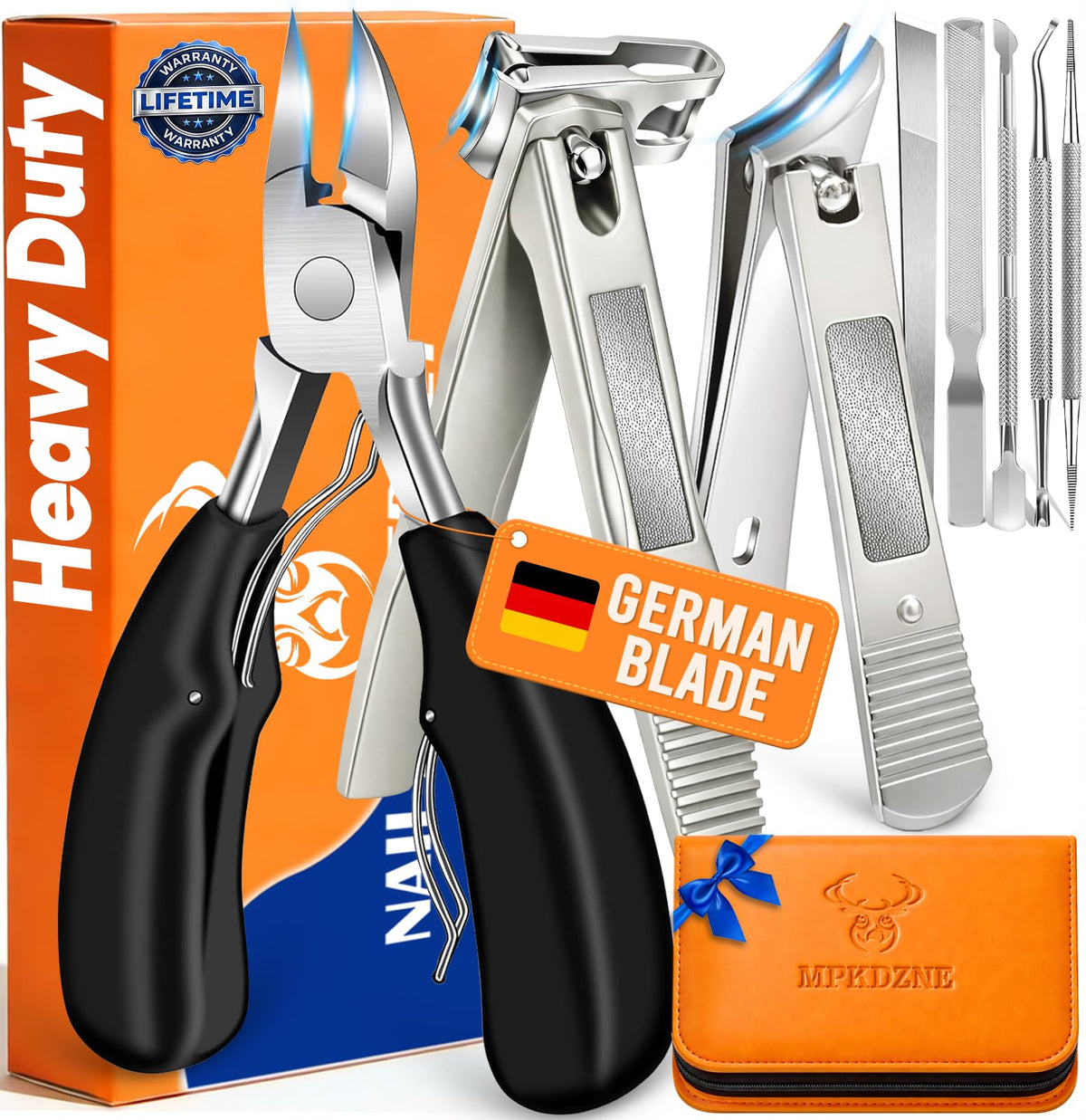 MPKDZNE 8-in-1 toenail clippers front view with wide jaw