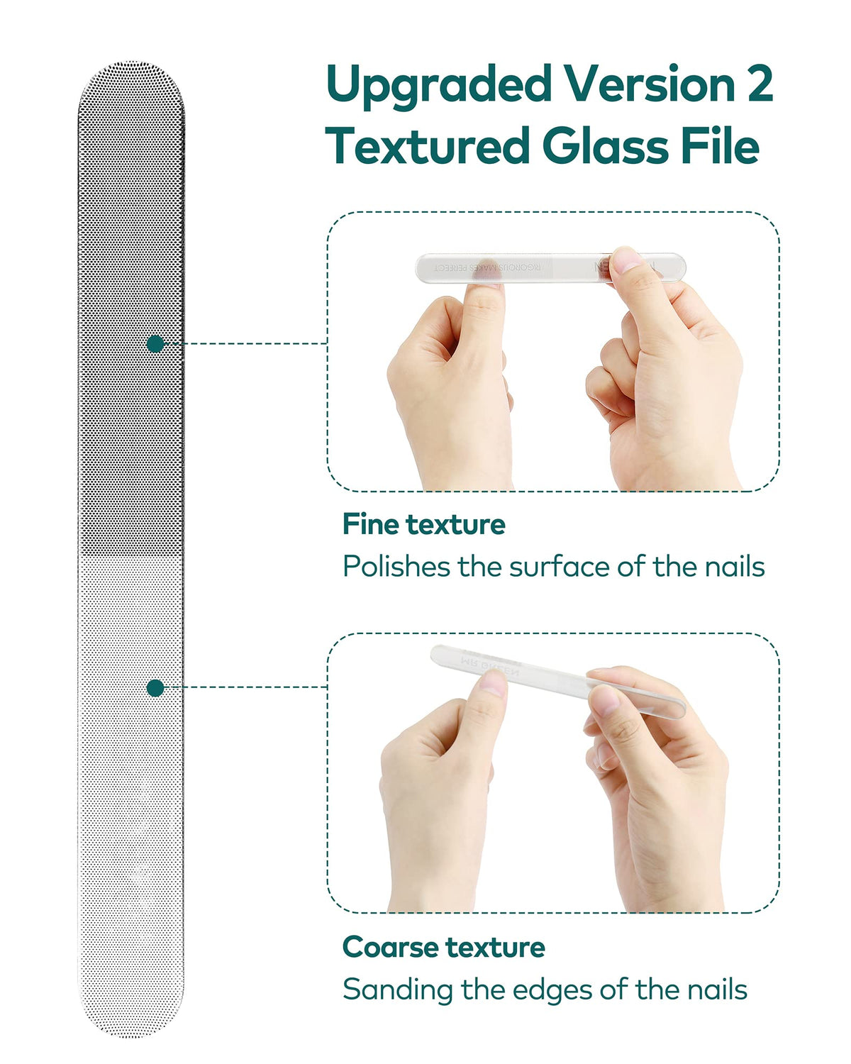 MR.GREEN Glass Nail File with a hand demonstrating its use