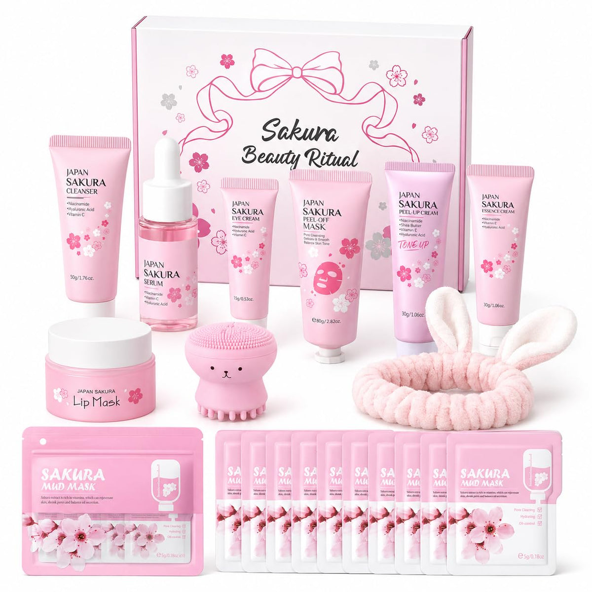 MrCuvaryas Sakura Skin Care Set front view with all products displayed