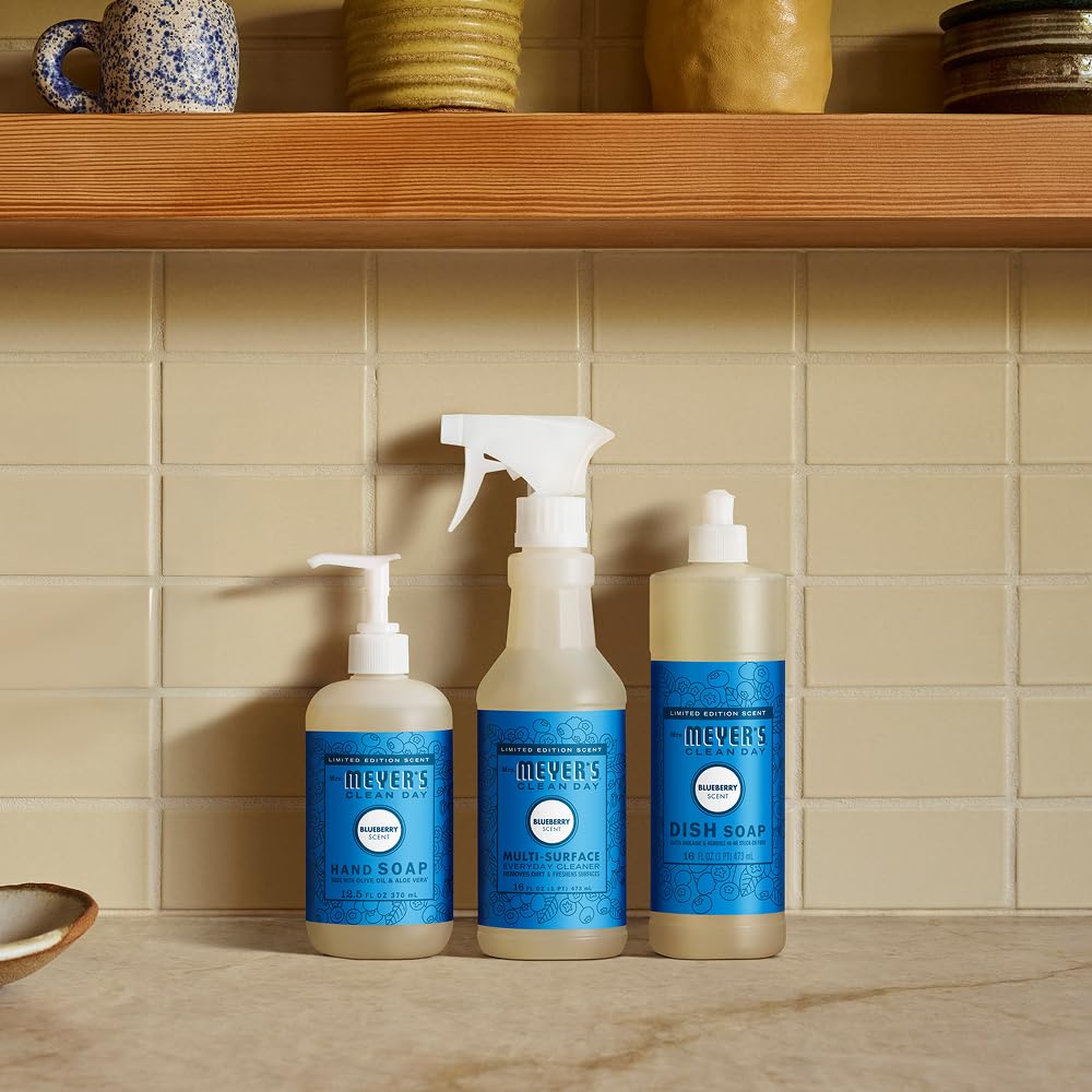 Mrs. MEYER'S Clean Day Liquid Hand Soap Blueberry on a bathroom counter