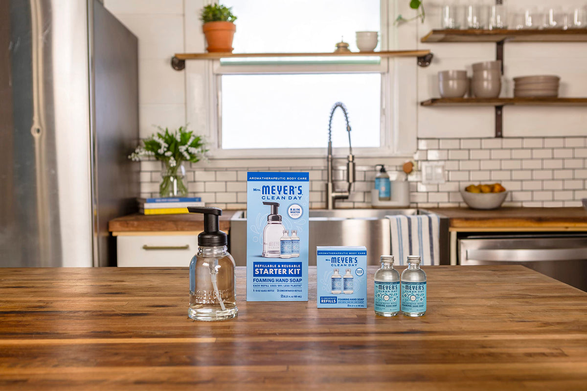 Mrs. MEYER'S foaming hand soap in a reusable glass bottle with Rain Water fragrance