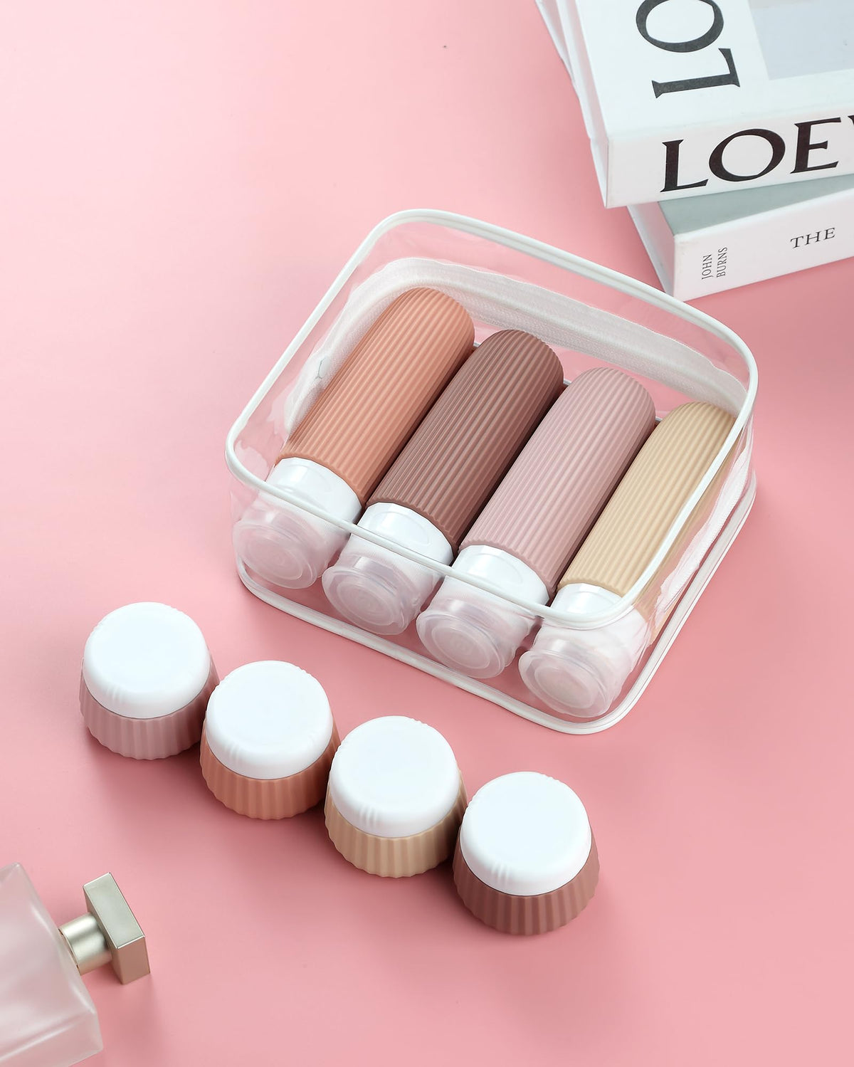 Mrsdry silicone cream jars and squeeze bottles in travel setup