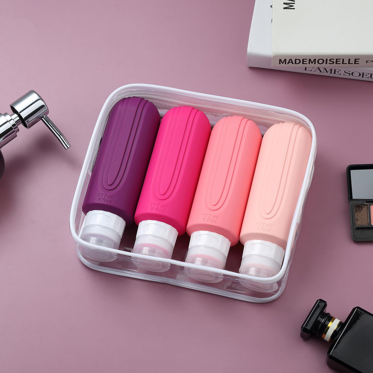 Mrsdry travel bottles 6oz arranged in a travel bag