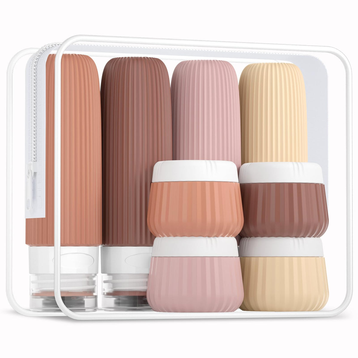 Mrsdry Travel Bottles 8 Pack silicone squeeze bottles and cream jars in clear makeup bag