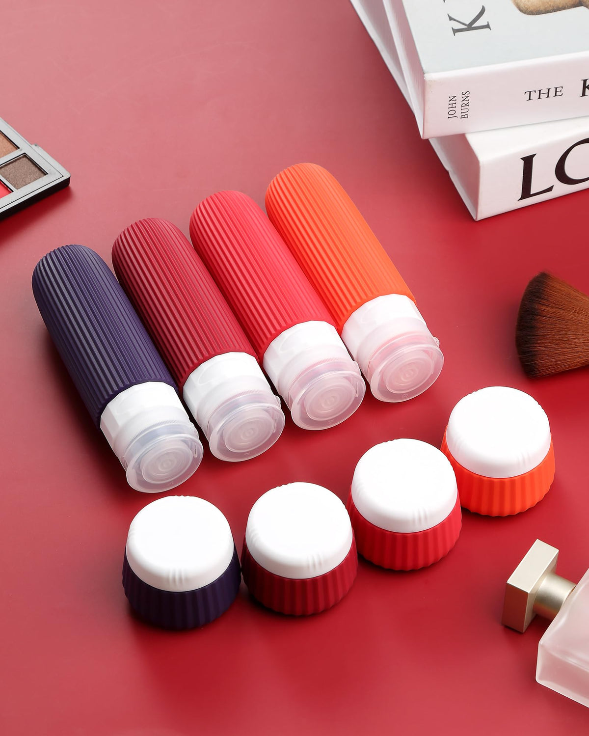 Mrsdry travel bottles arranged with toiletries