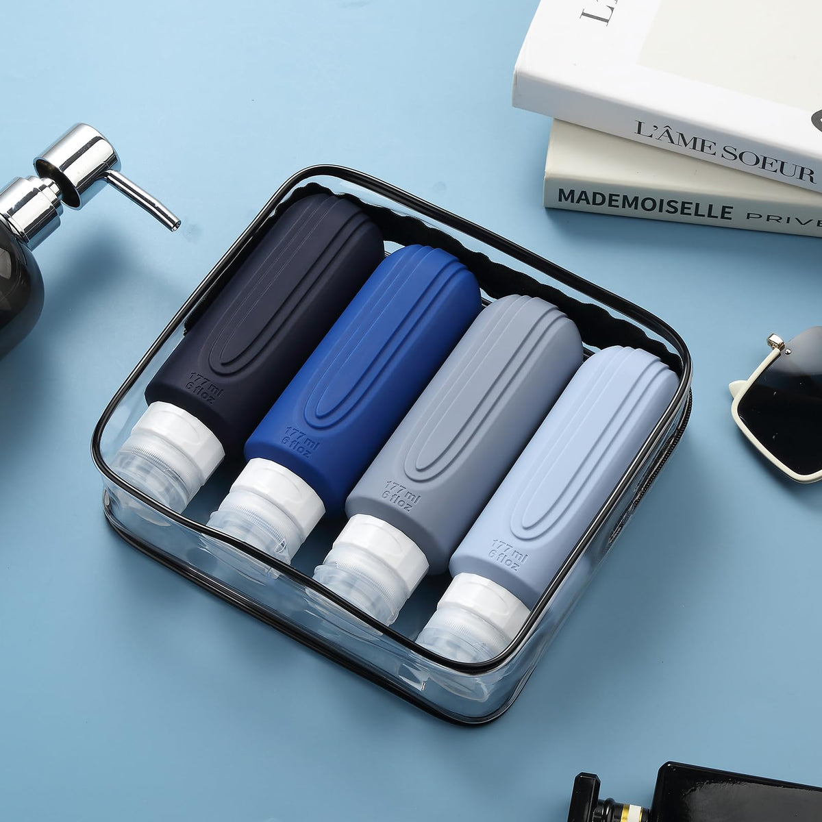 Mrsdry travel bottles displayed with other travel accessories