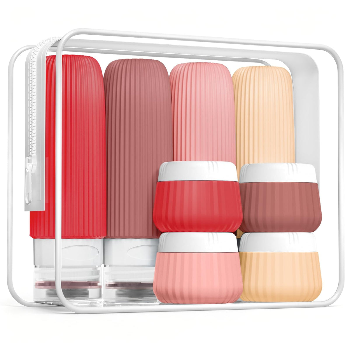 Mrsdry Travel Bottles for Toiletries 8 Pack including silicone squeeze bottles and cream jars