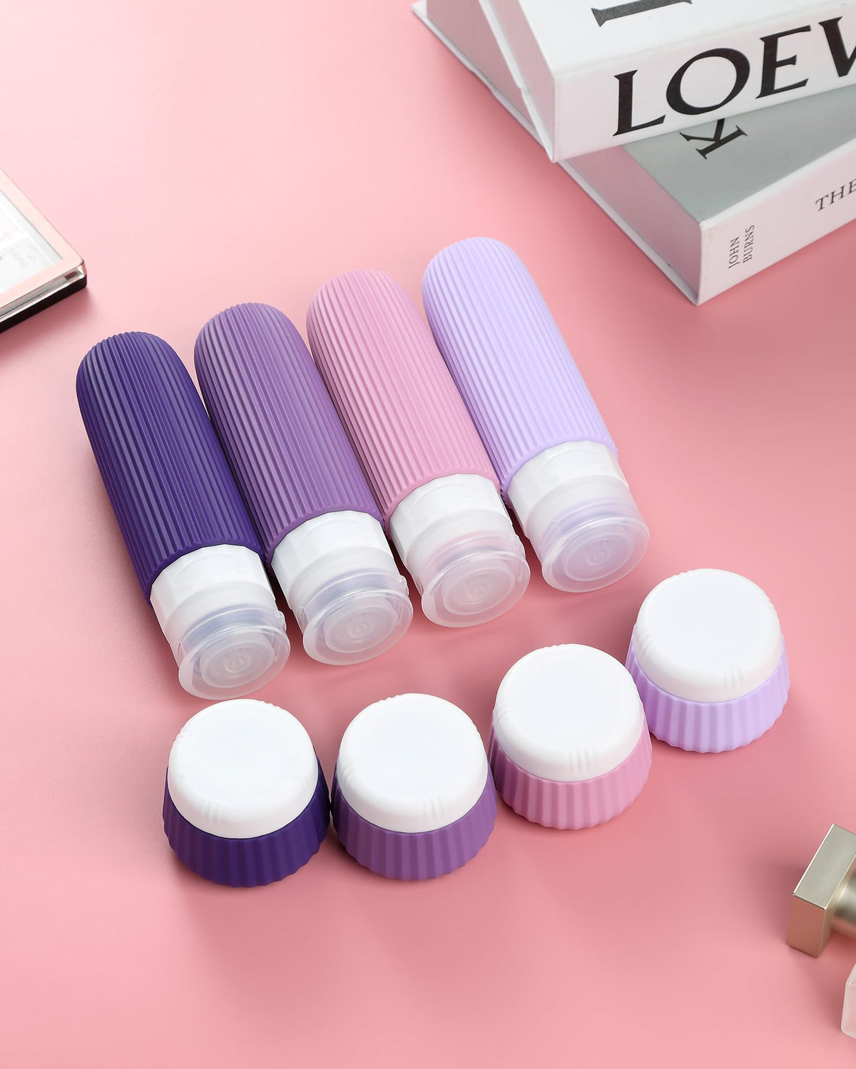 Mrsdry travel bottles set displayed on a travel suitcase
