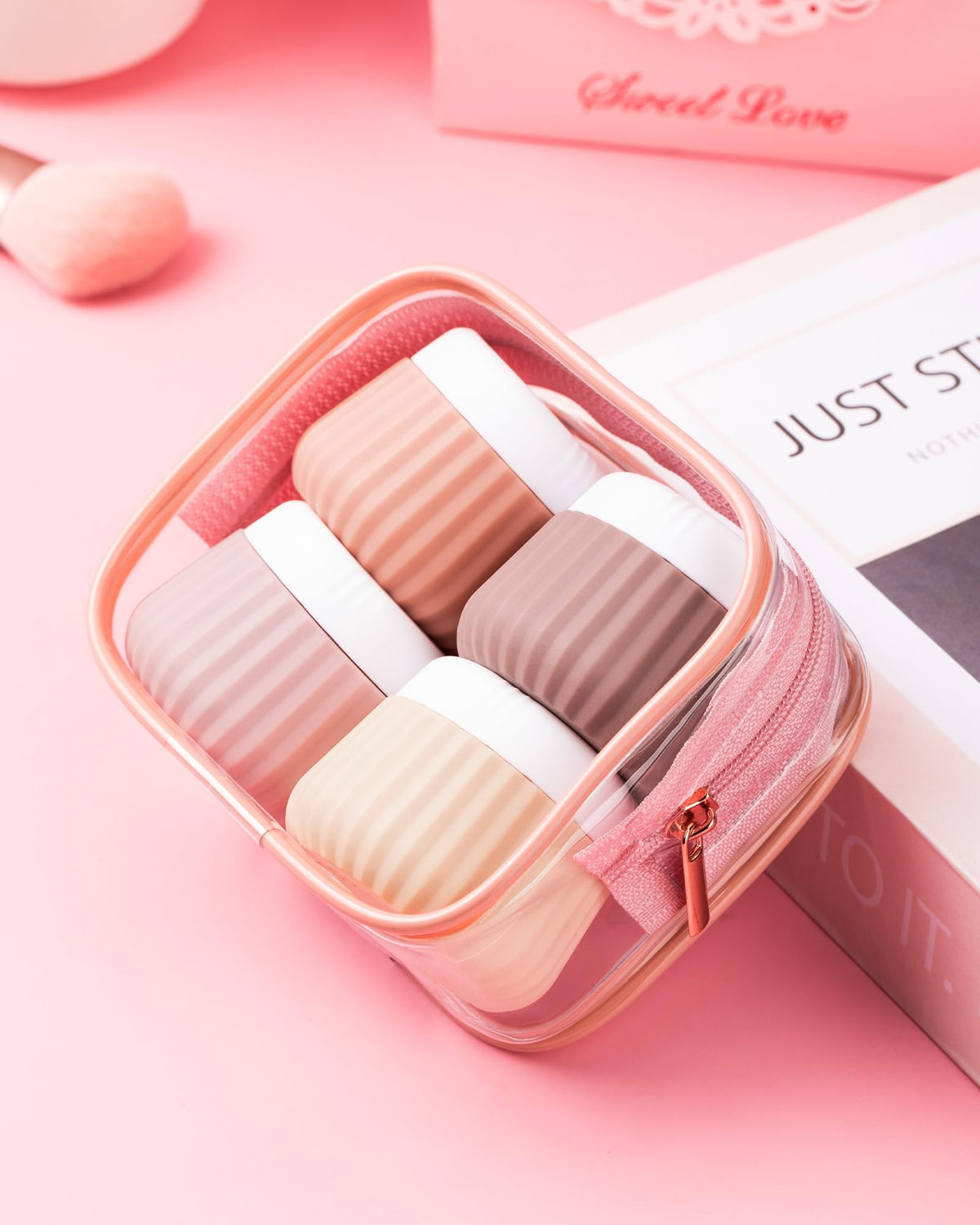 Mrsdry travel containers neatly packed in a clear makeup bag