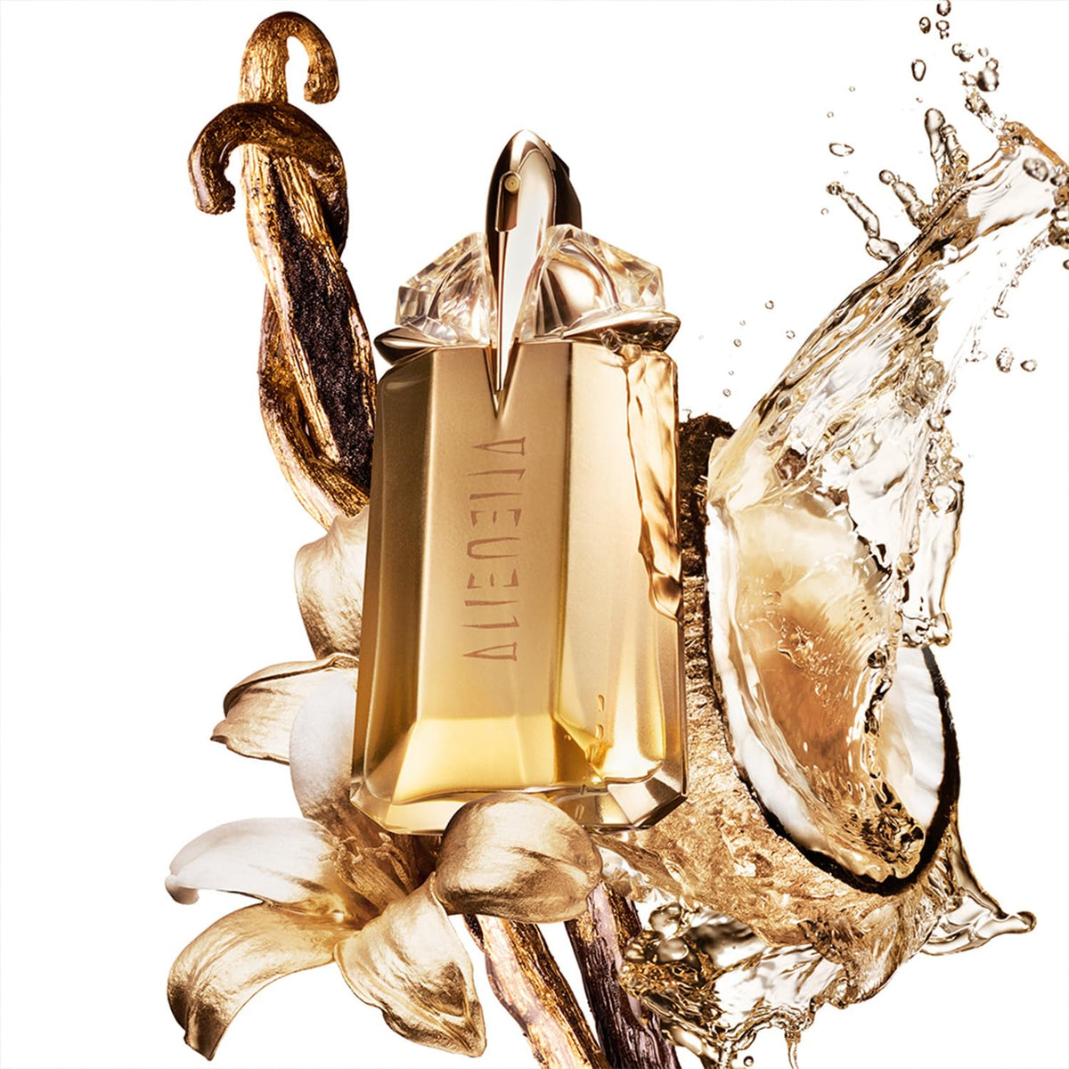 Mugler Alien Goddess Eau de Parfum bottle with floral background