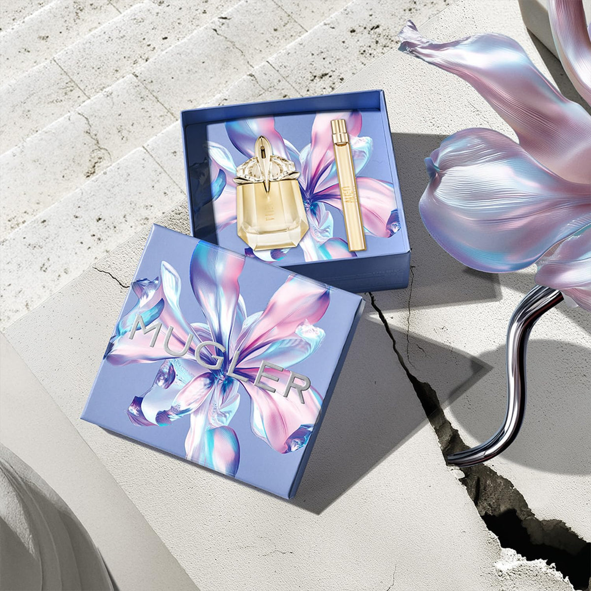 Mugler Alien Goddess Eau de Parfum bottles on a vanity