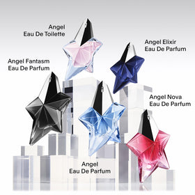 Mugler Angel Elixir Eau de Parfum refill bottle on a vanity table