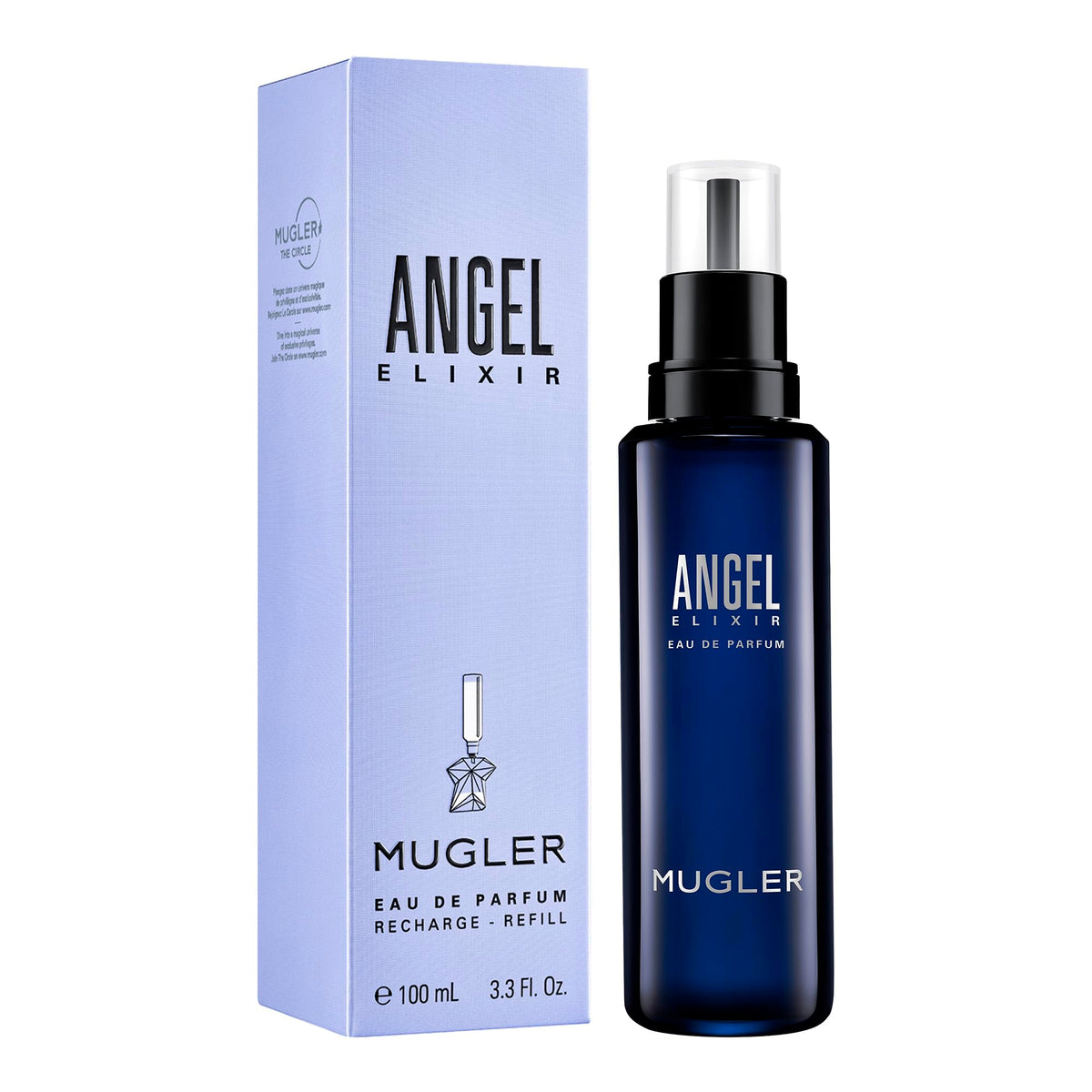 Mugler Angel Elixir Eau de Parfum refill bottle surrounded by flowers