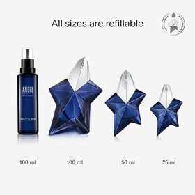 Mugler Angel Elixir Eau de Parfum refill bottle with floral background