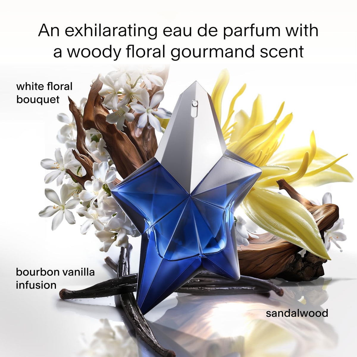 Mugler Angel Elixir Eau de Parfum with floral background