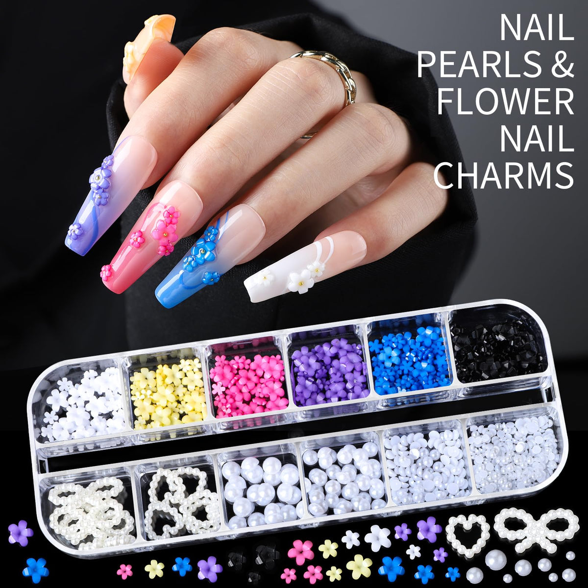 Multi-shaped nail gems with colorful designs