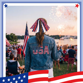 Multiple Retrowavy hair scrunchies in red, white and blue