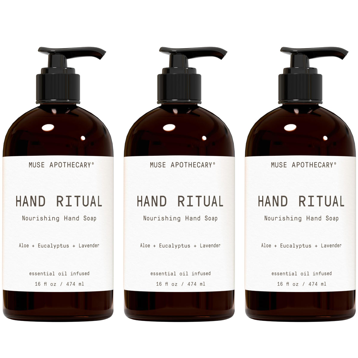 Muse Apothecary Hand Ritual 3 Pack front view with Aloe, Eucalyptus, and Lavender