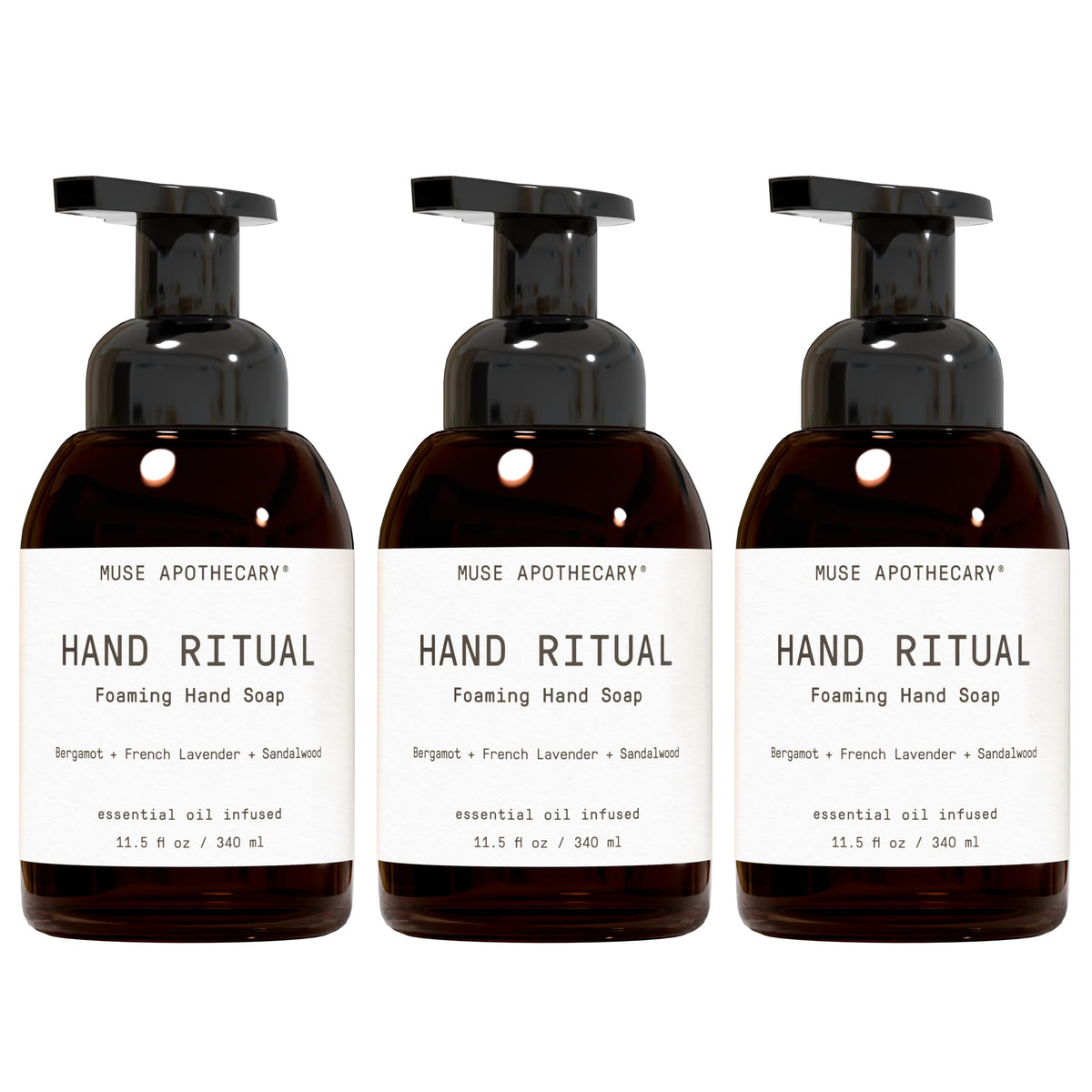 Muse Apothecary Hand Ritual 3 Pack front view with Bergamot, Lavender, and Sandalwood