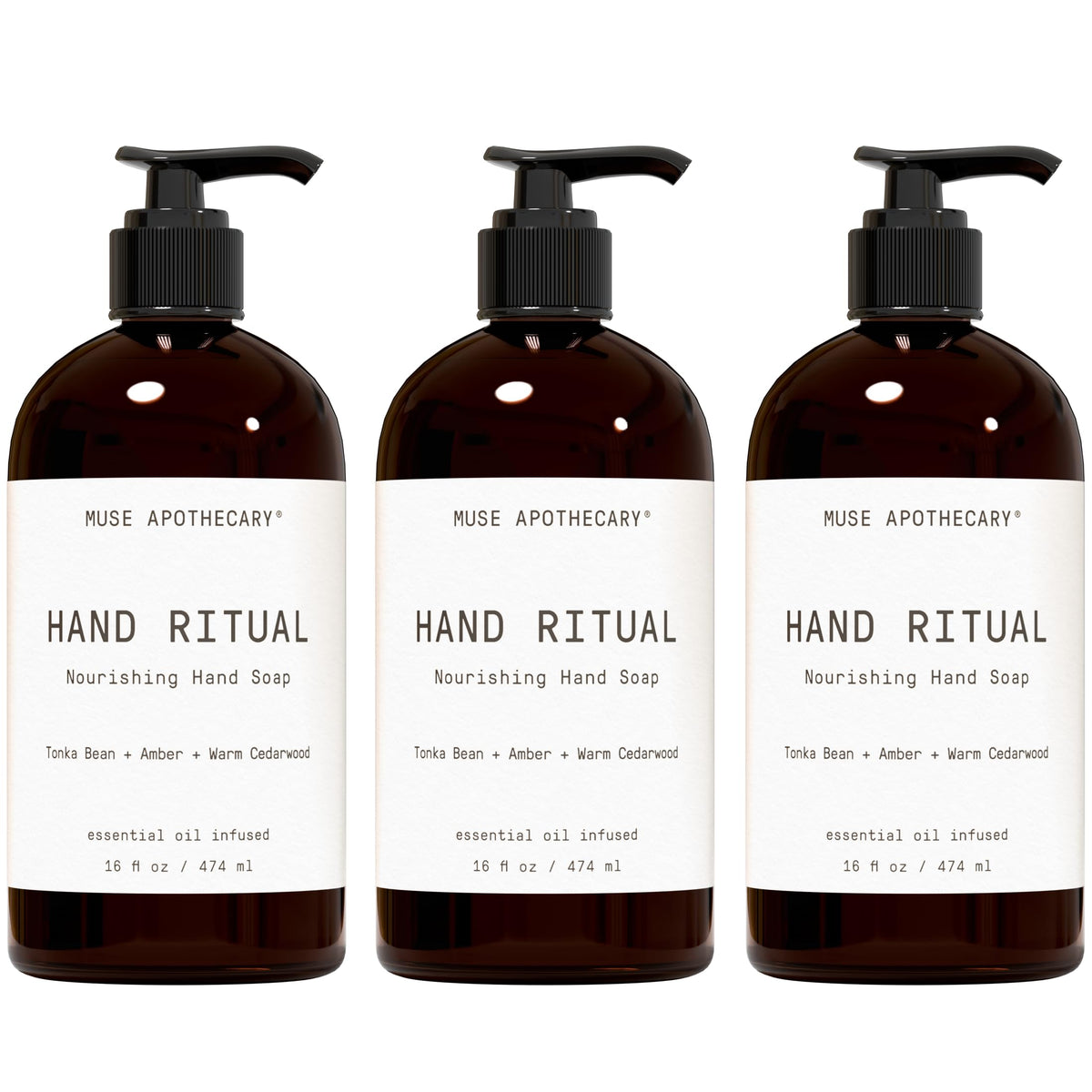 Muse Apothecary Hand Ritual 3 Pack Tonka Bean Amber Cedarwood front view