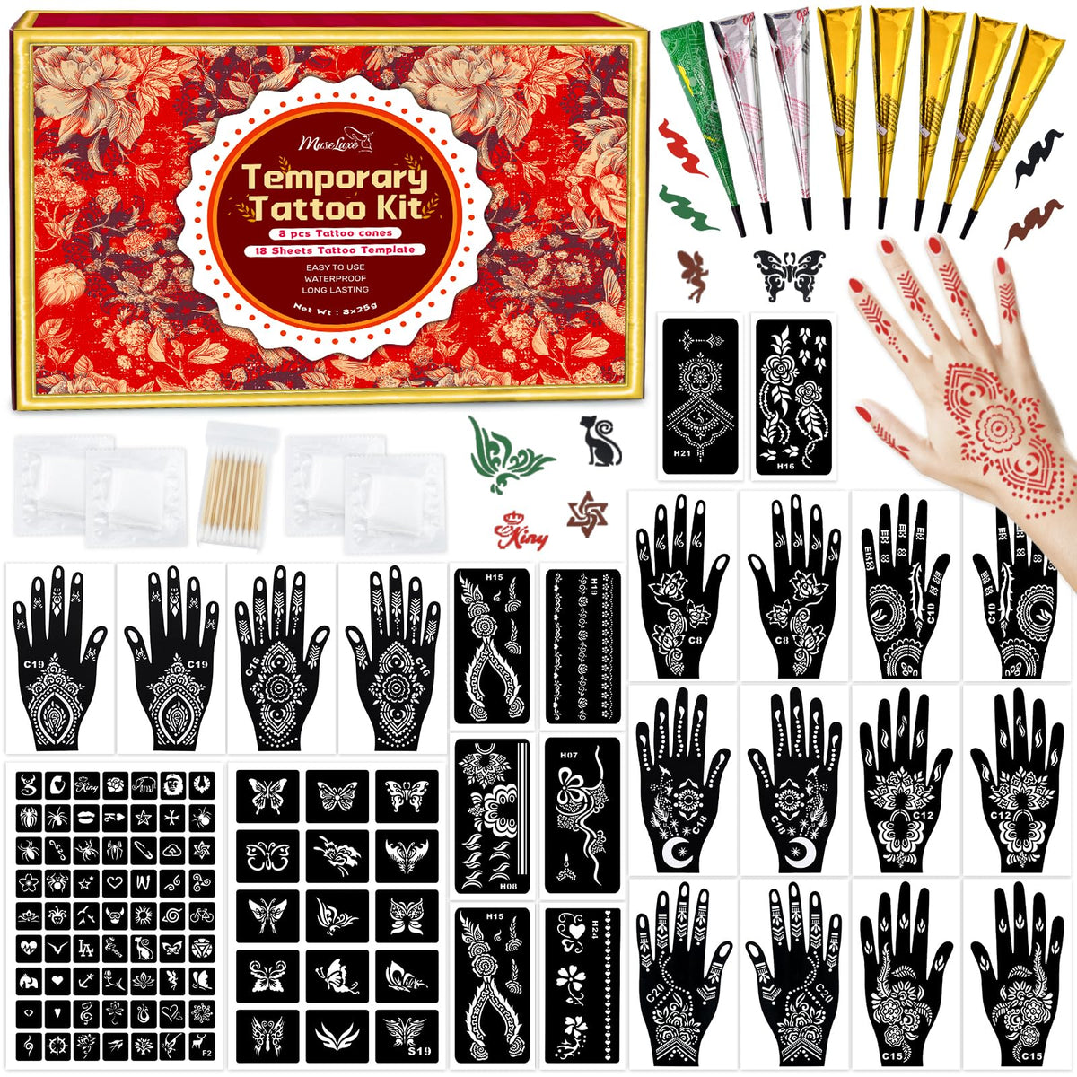 MuseLuxe Temporary Tattoos Stencils Kit with 102 designs and ink colours