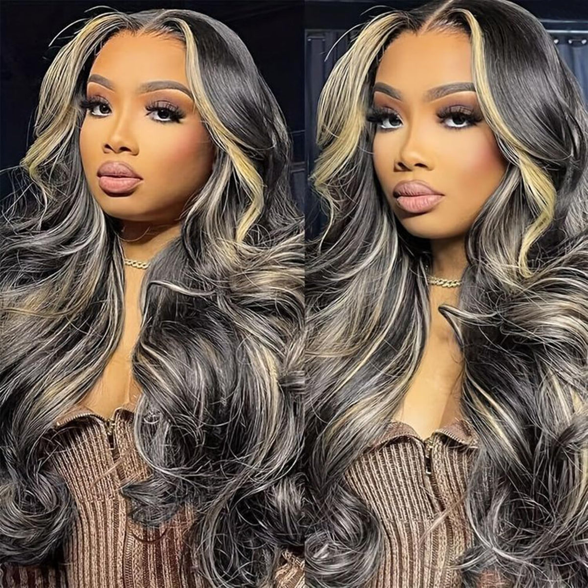MUZOJET 1B/27 Highlight Ombre Body Wave Lace Front Wig front view