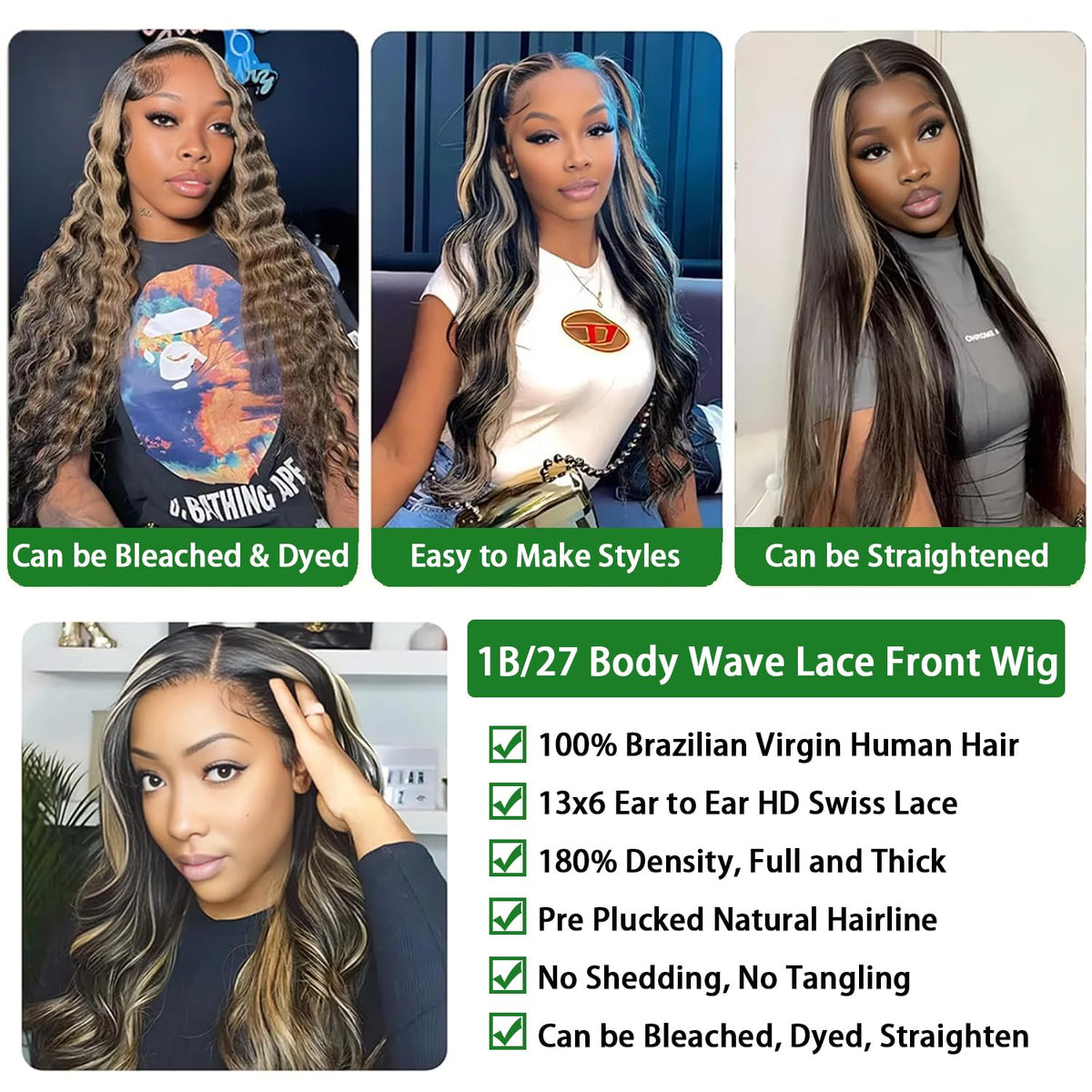 MUZOJET 1B/27 Highlight Ombre Body Wave Wig close-up of lace front