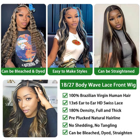 MUZOJET 1B/27 Highlight Ombre Body Wave Wig close-up of lace front