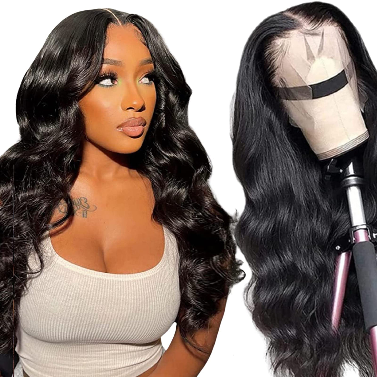 MUZOJET Body Wave Lace Front Wig displayed with accessories