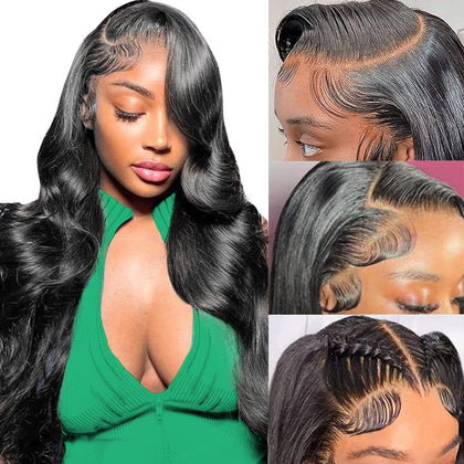 MUZOJET Body Wave Lace Front Wig front view with natural black colour