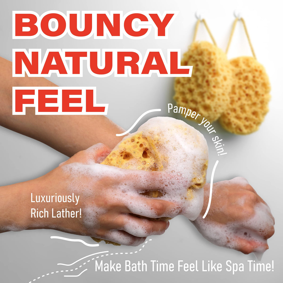 myHomeBody Bath Sponge displaying rich lather with shower gel