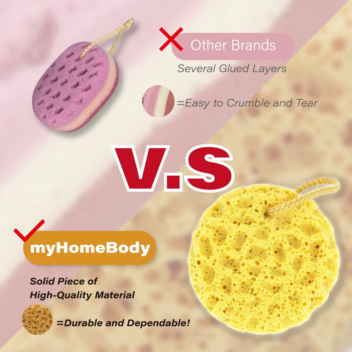 myHomeBody Bath Sponge on a bathroom shelf