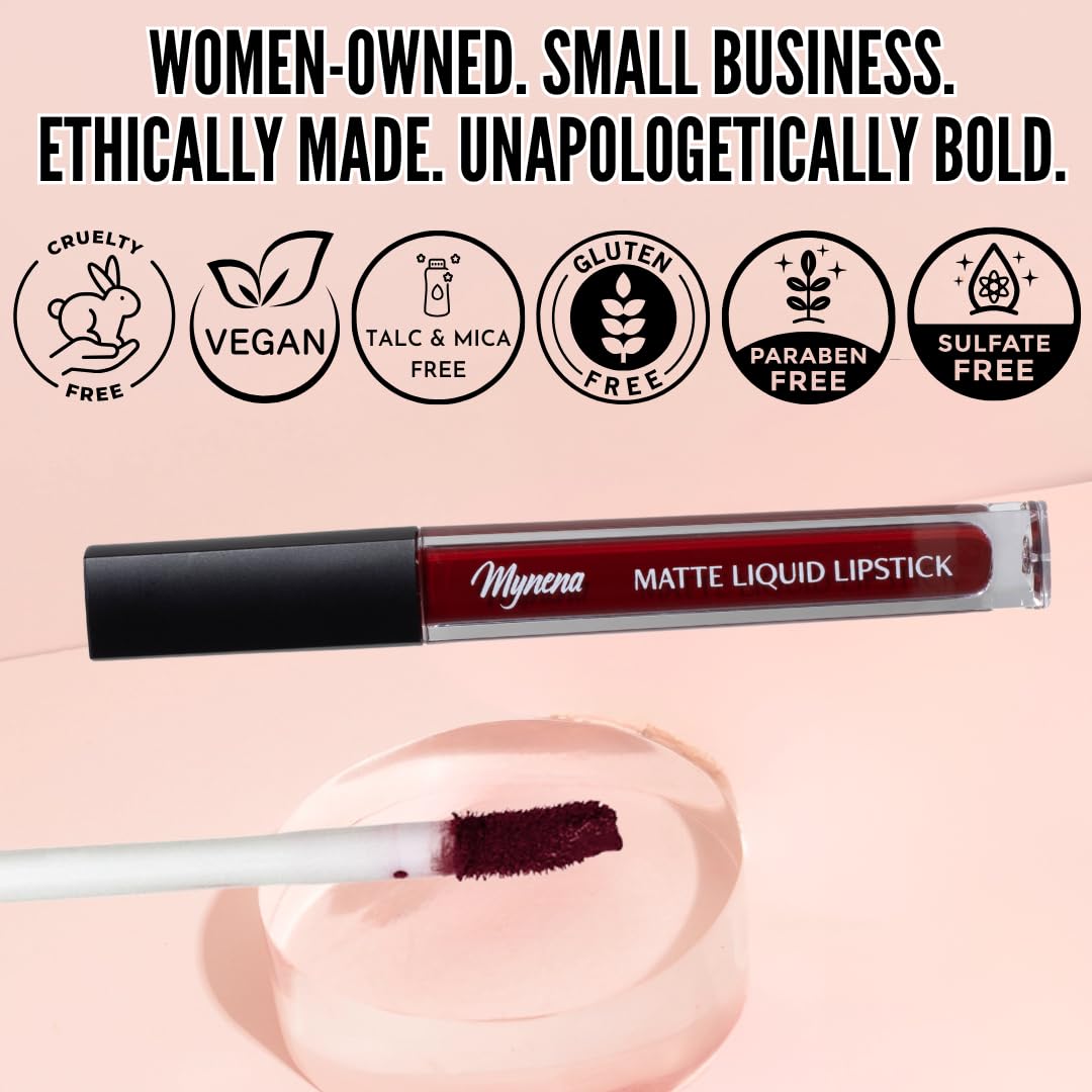 Mynena Burgundy Red Matte Liquid Lipstick Emma with makeup accessories
