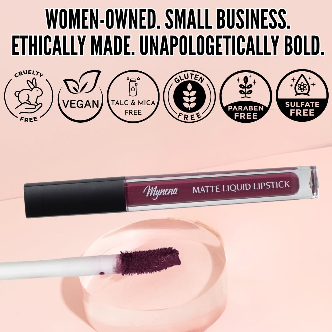 Mynena Hydrating Plum Matte Liquid Lipstick Viola in natural light