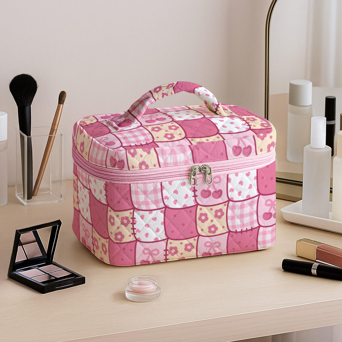 MYSMOR Large Quilted Makeup Bag in a travel setting with accessories