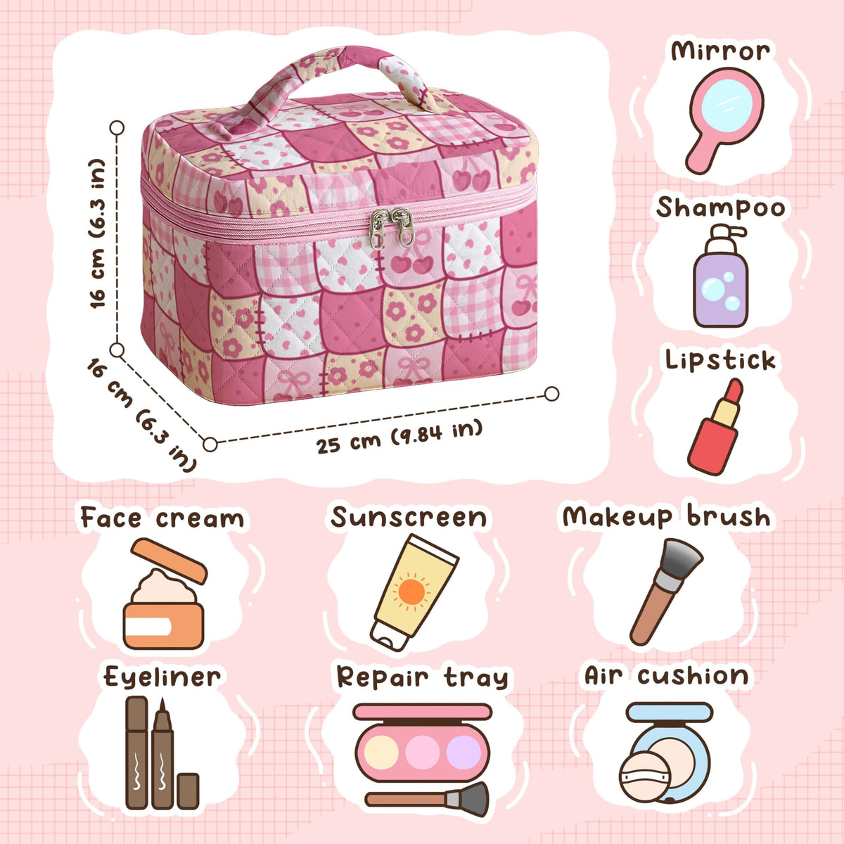 MYSMOR Large Quilted Makeup Bag with toiletries and brushes inside