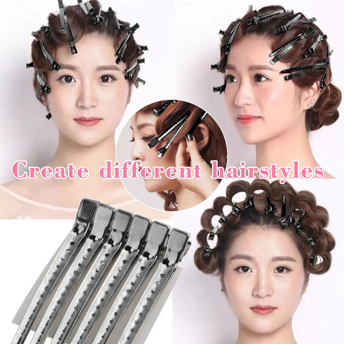 Mythos hair clips in use while styling hair