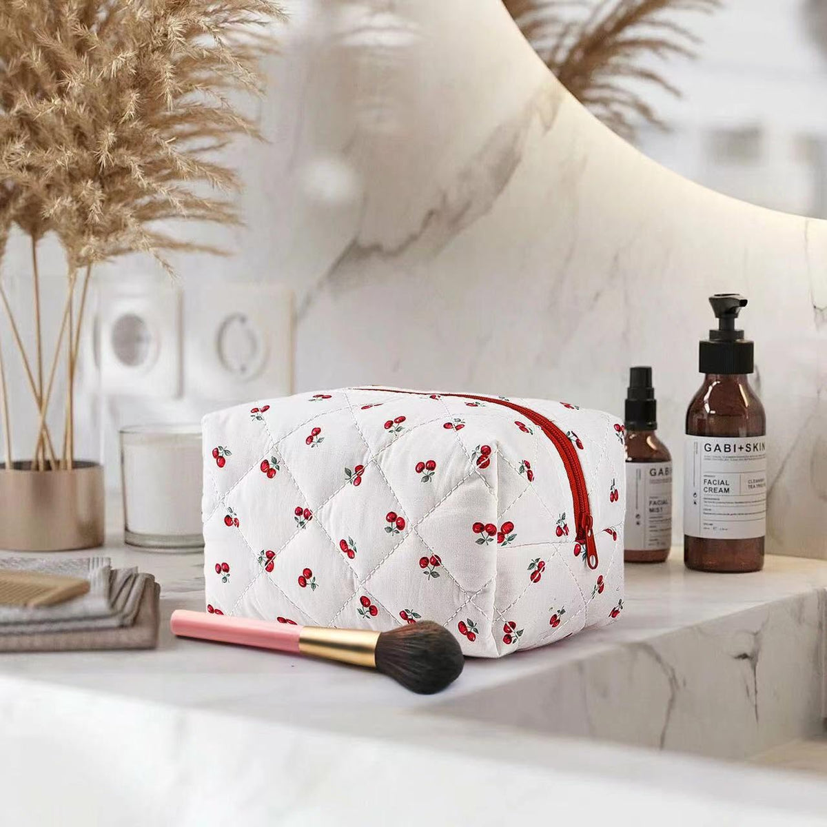 MZLUWM Floral Makeup Bag opened with cosmetics inside
