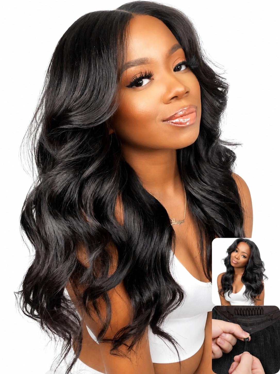 Nadula V Part Body Wave Drawstring Wig front view, natural black colour