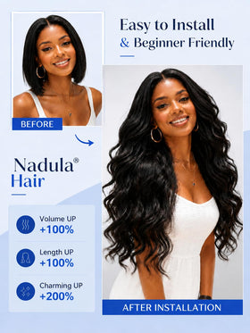 Nadula V Part Body Wave Wig side view, showcasing the V-line design